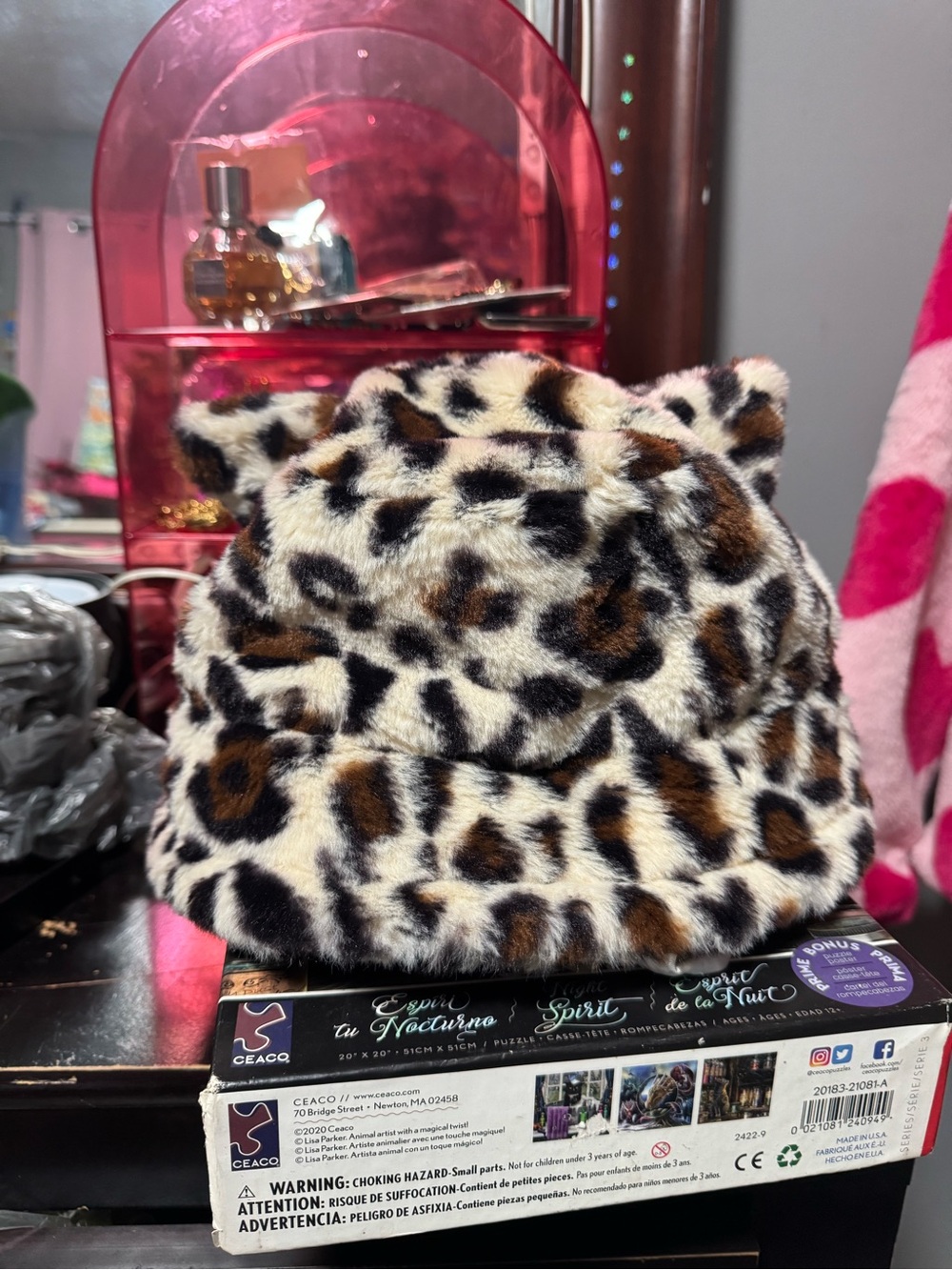 Plush Leopard Print Cat Ear Bucket Hat - Brown/Cream